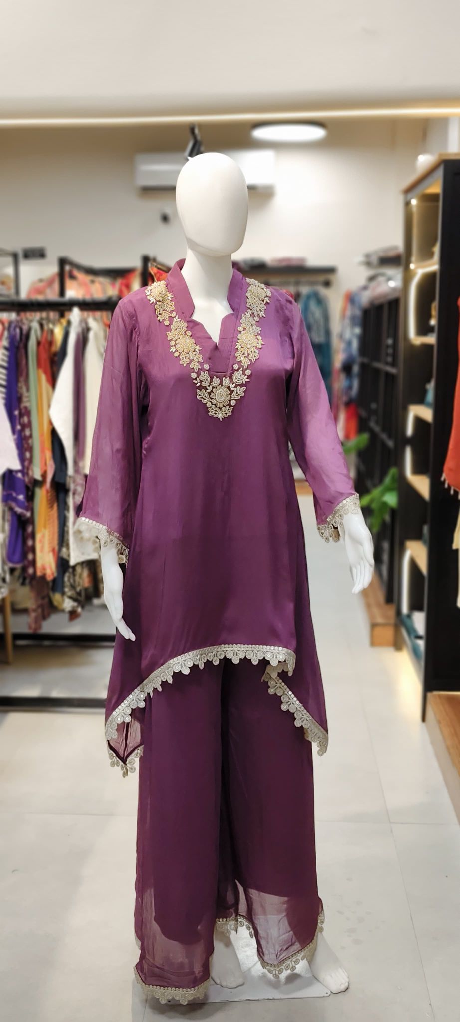 Pure Chinon Hand-Embroidered Sharara Set with Scalloped Lace Finish Reyshaa