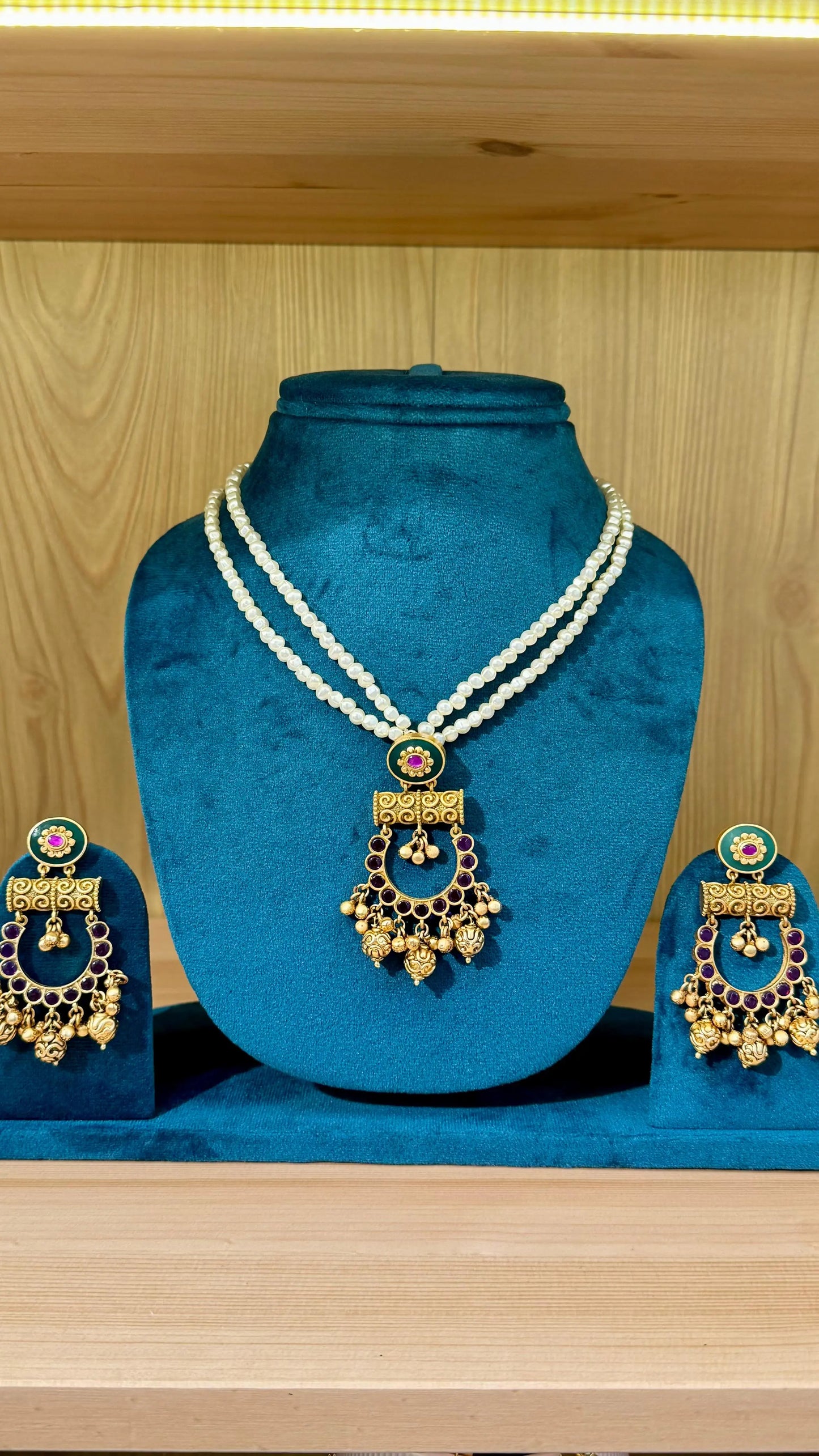 Temple Jewellery Style Pendant Set with Double Layer Pearl Mala & Stud Earrings Reyshaa