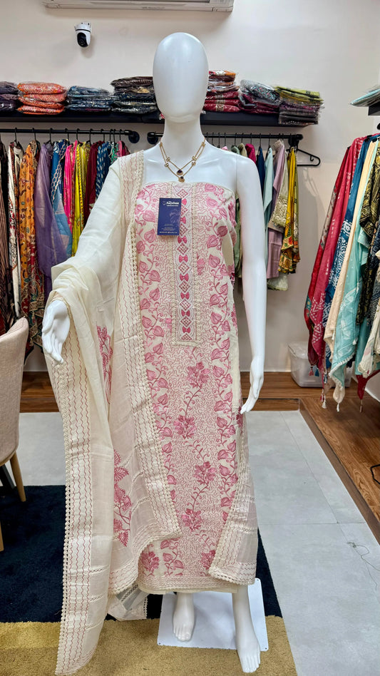 Elegant Cream Fabric with Pink Floral Embroidery & Matching Dupatta – Unstitched Suit Material Reyshaa