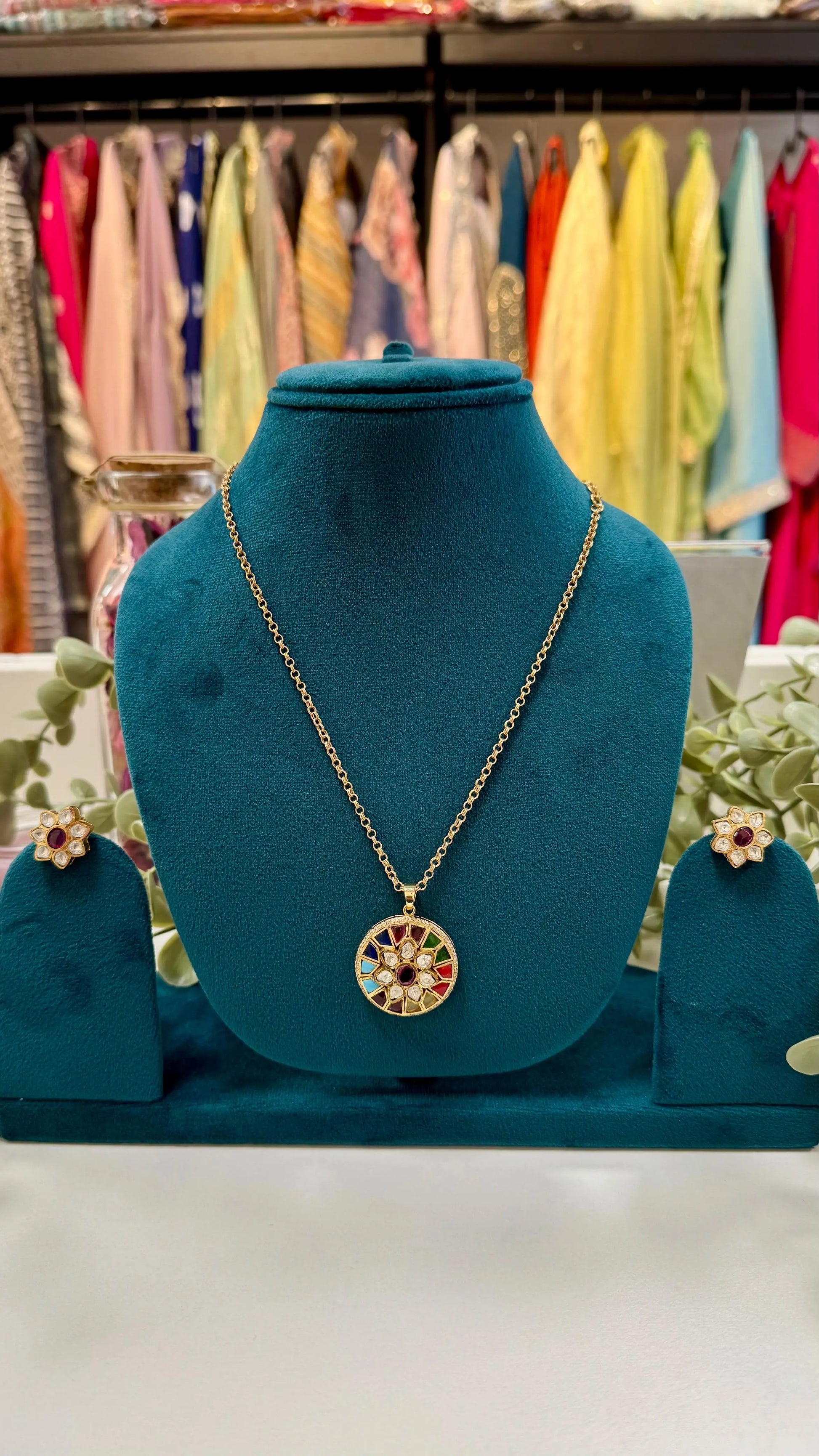 Elegant Navratan Pendant Set with Matching Stud Earrings Reyshaa
