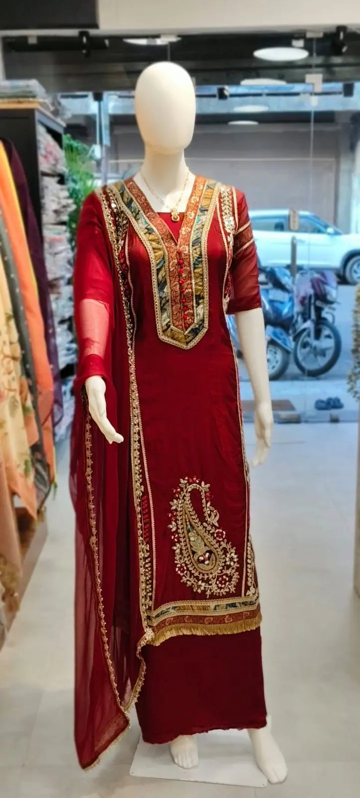 Maroon Regal Suit with Handcrafted Borders Reyshaa