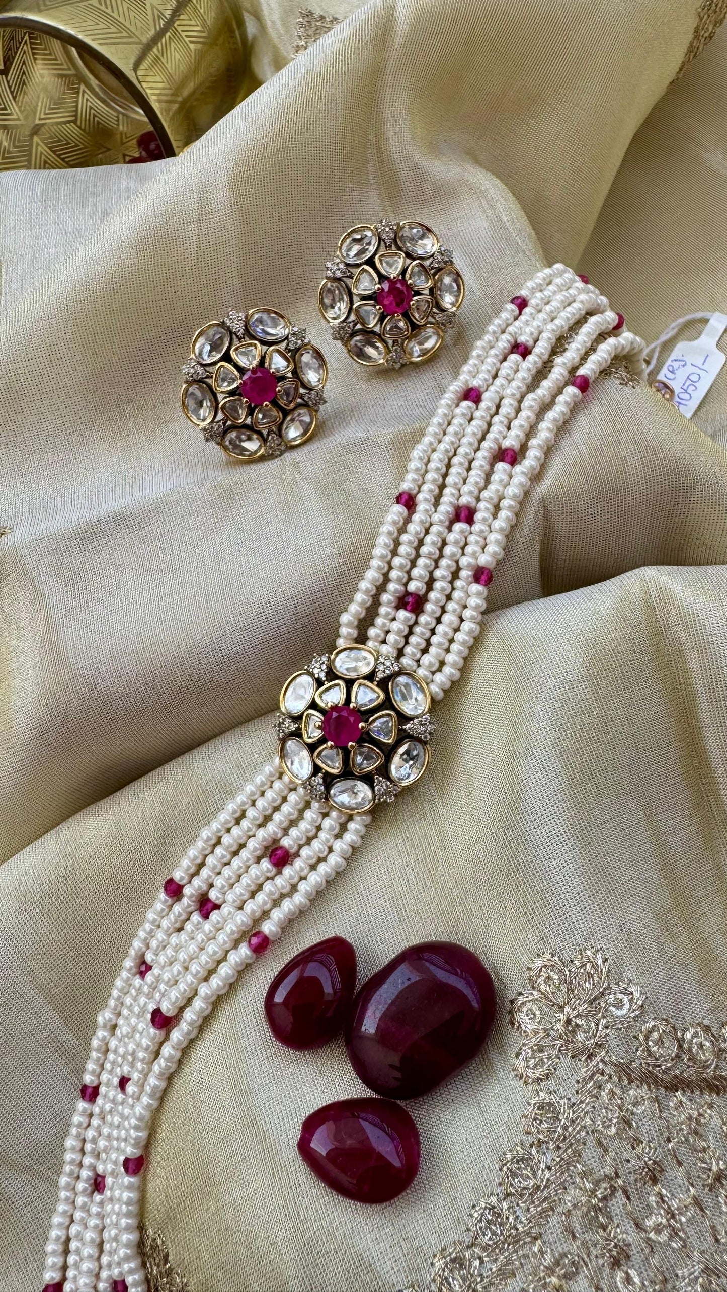 Emerald Green Beaded Kundan Choker Set with Stud Earrings Reyshaa