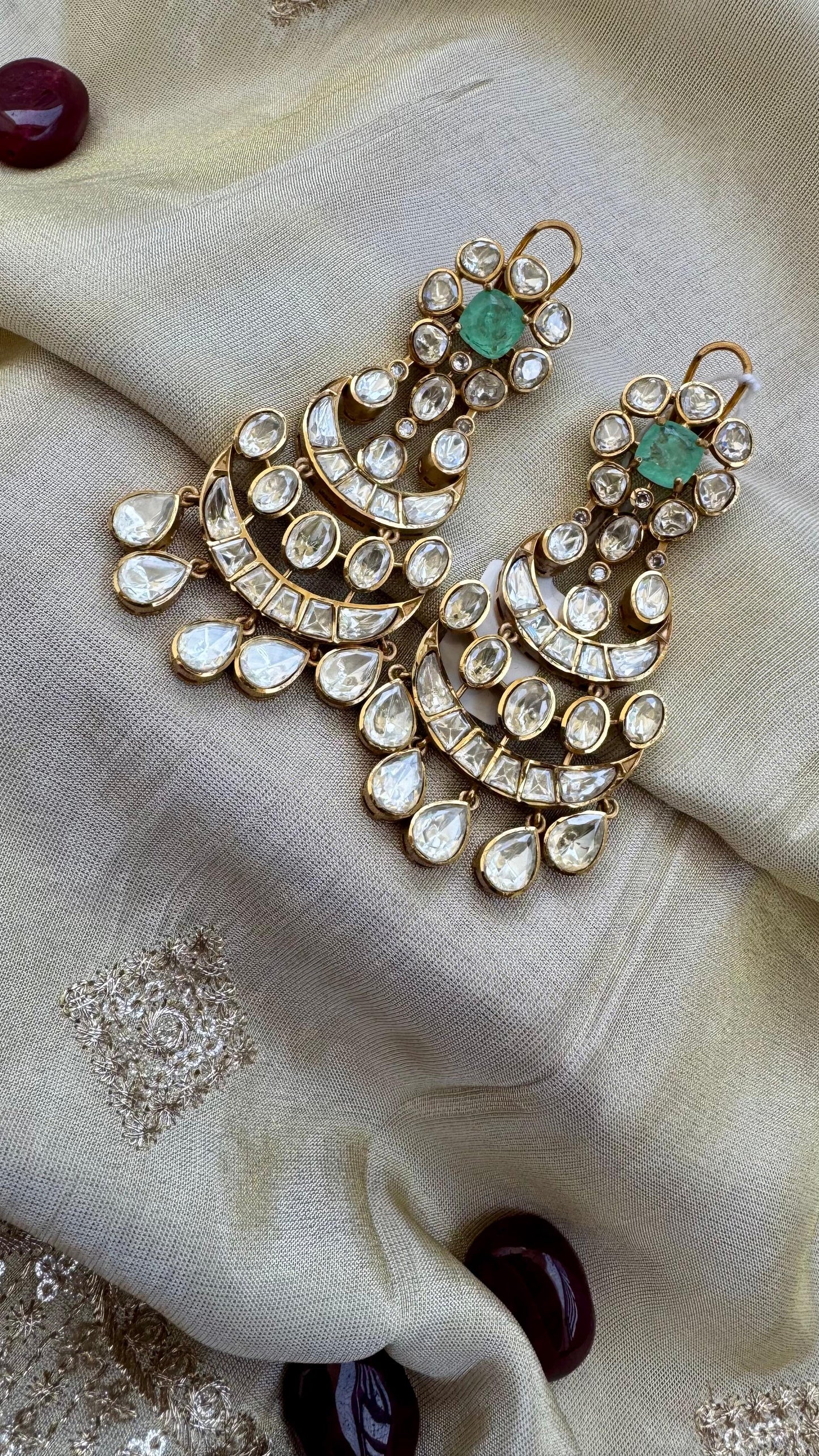 Premium Polki Kundan Chandbali Earrings with Green Stone Accent Reyshaa