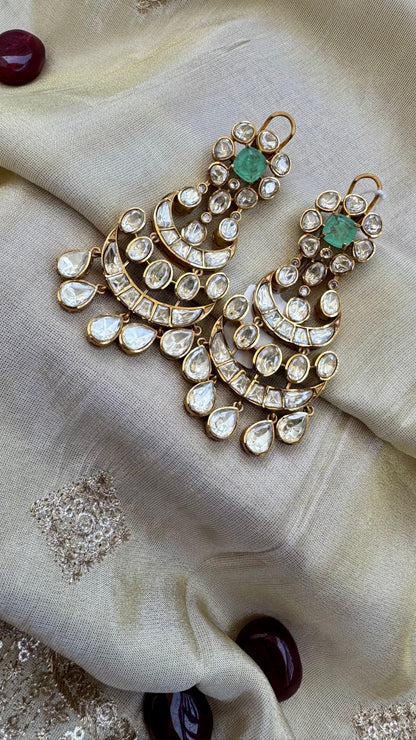 Premium Polki Kundan Chandbali Earrings with Green Stone Accent Reyshaa