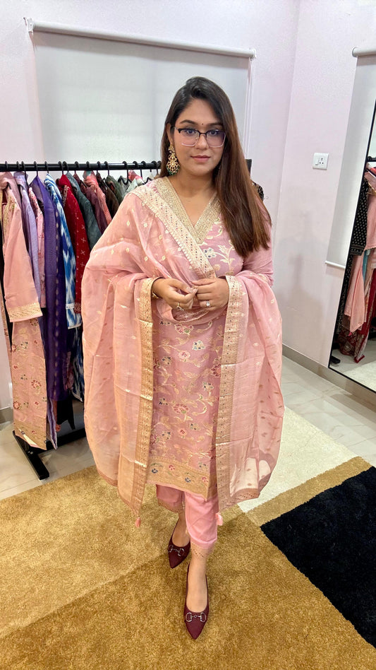 Women Meenakari Weave On Tissue Silk V Neck Readymade Suit Set