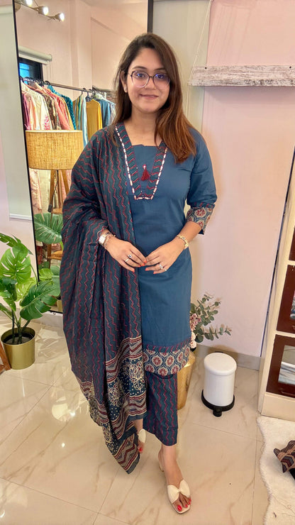 Women Pure Cotton Ajrakh Print With Thread Embroidery Readymade Suit Set