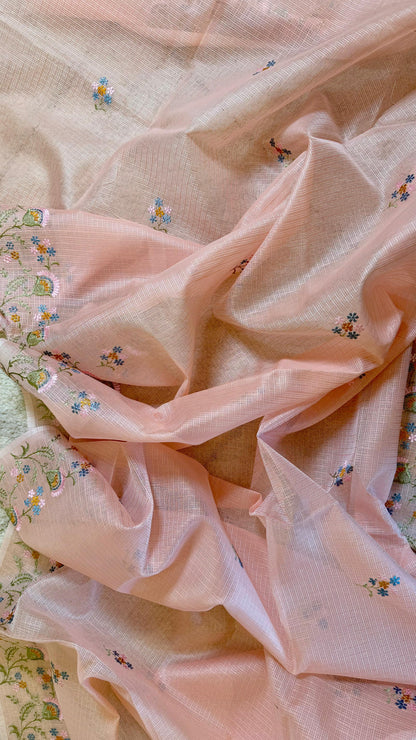 Women Elegant Peach Soft Kota Doria Thread Embroidery Suit Dress Material