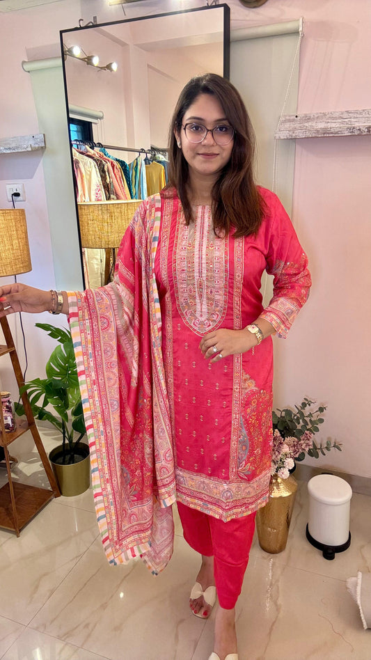 Women Kashida Print Muslin Readymade Suit Set