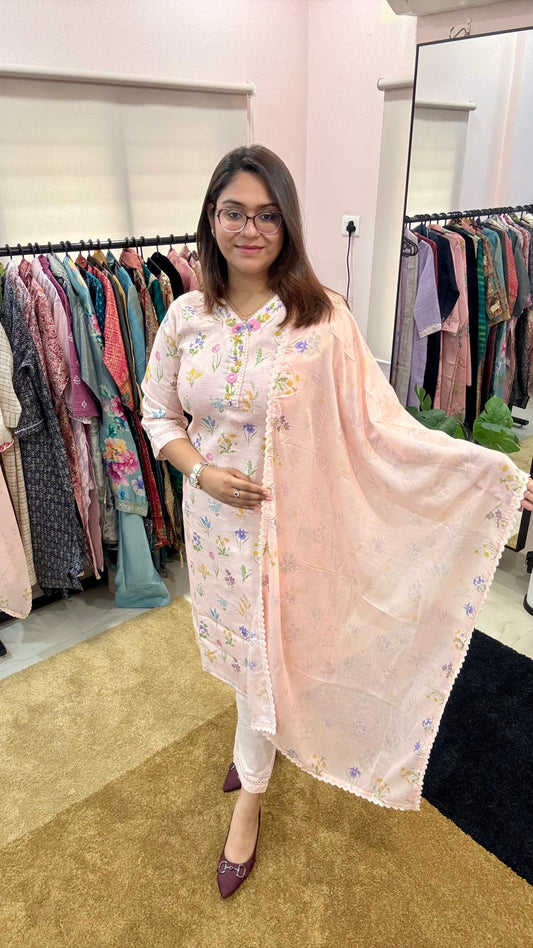 Women Linen Cotton Floral Print Readymade Suit Set