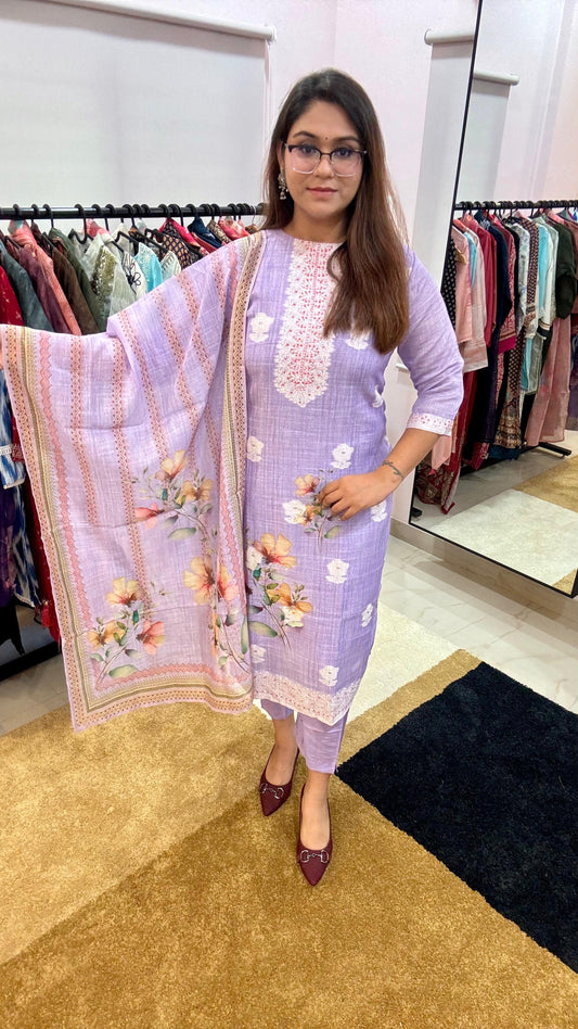 Women Pure Linen Cotton Boota Weave French Knots Embroidery Readymade Suit Set