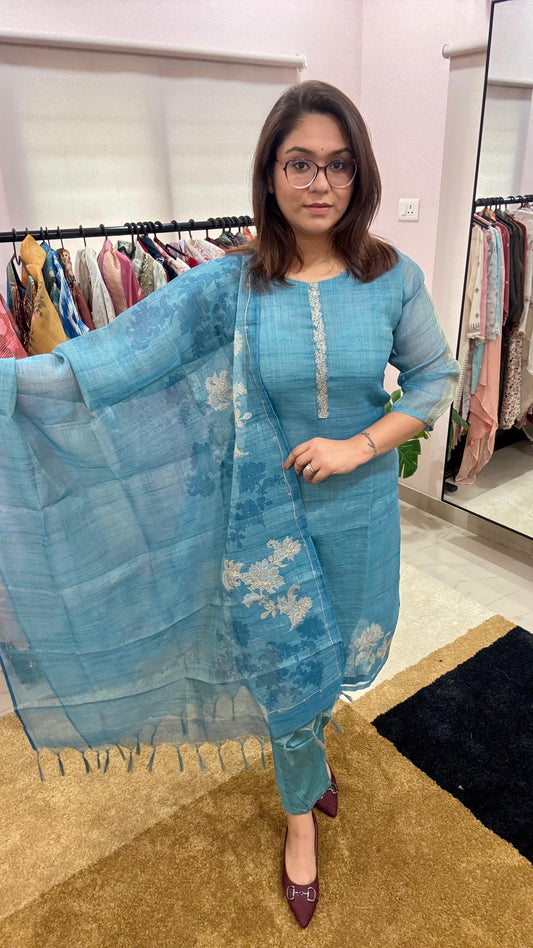 Women Kota Silk Highlighting Embroidery Three Piece Readymade Suit Set