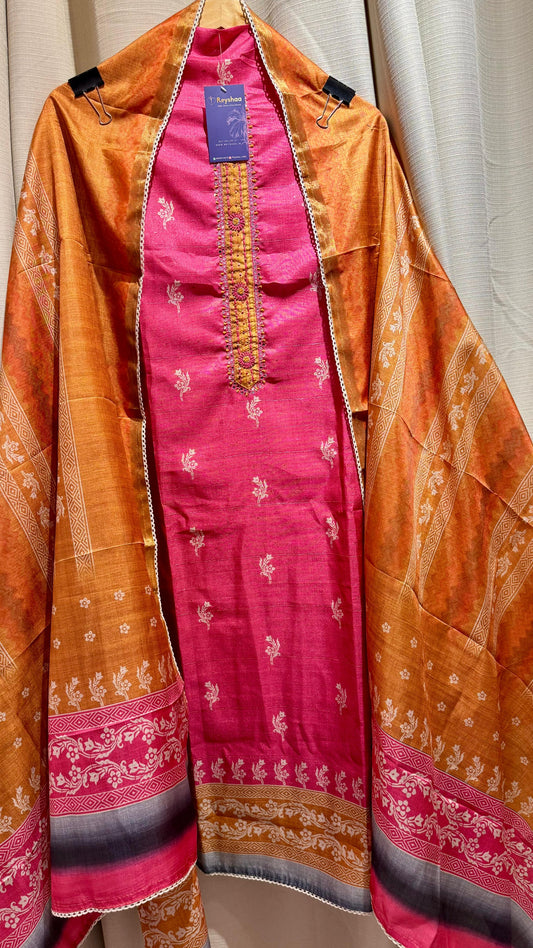 Women Tussar Silk Block Print Bright Tone Suit Dress Material