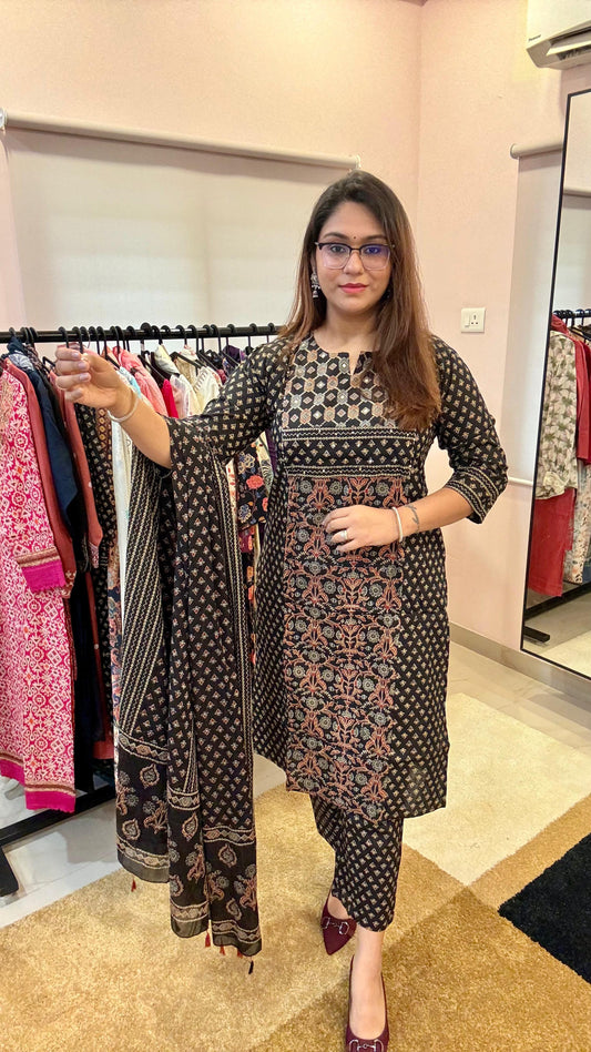 Women Ajrakh Cotton Readymade Suit Set