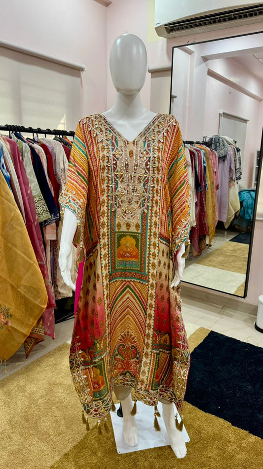 Women Digital Print Crepe Kaftan Readymade Suit Set