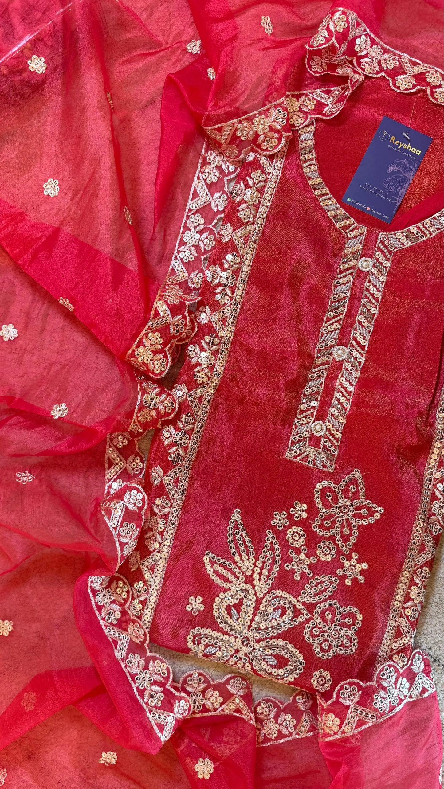 Women Wedding Wear Tissue Shimmer Pearl Embellishing Suit Dress Material Reyshaa