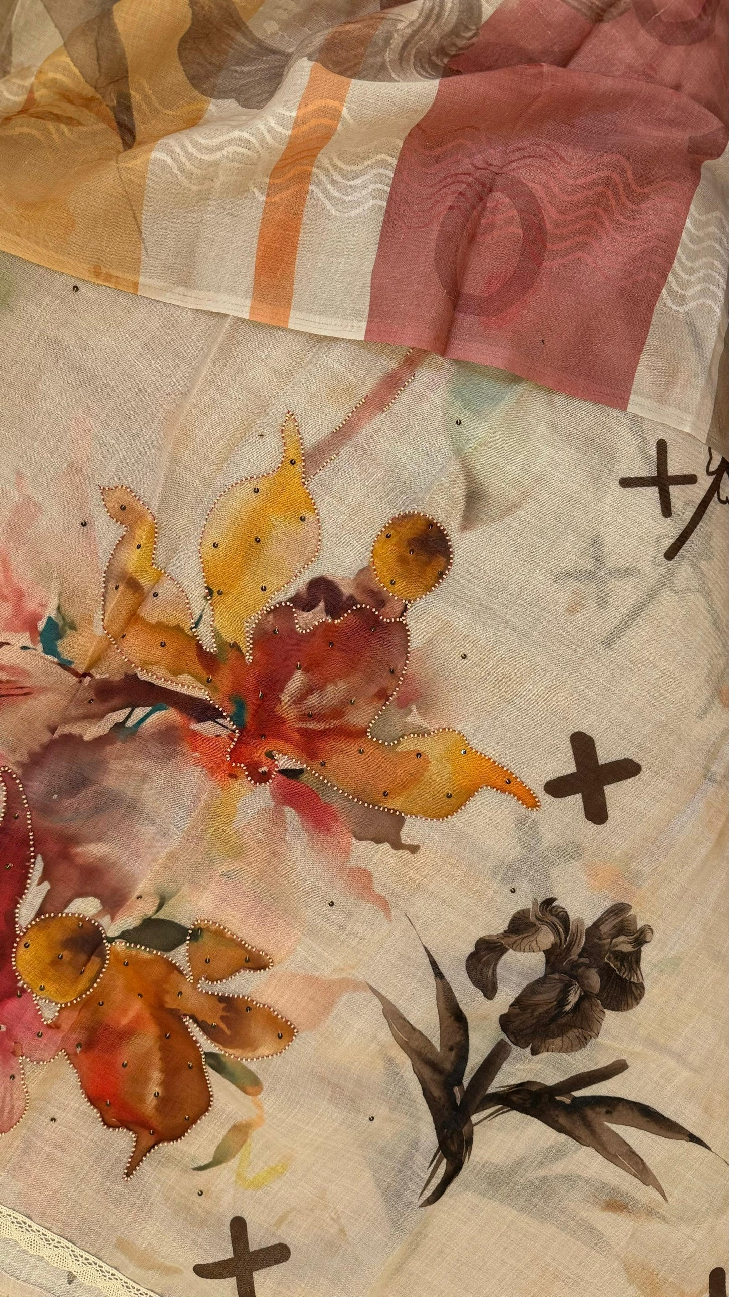 Women Linen Cotton Abstract Art Brush Paint Suit Dress Material