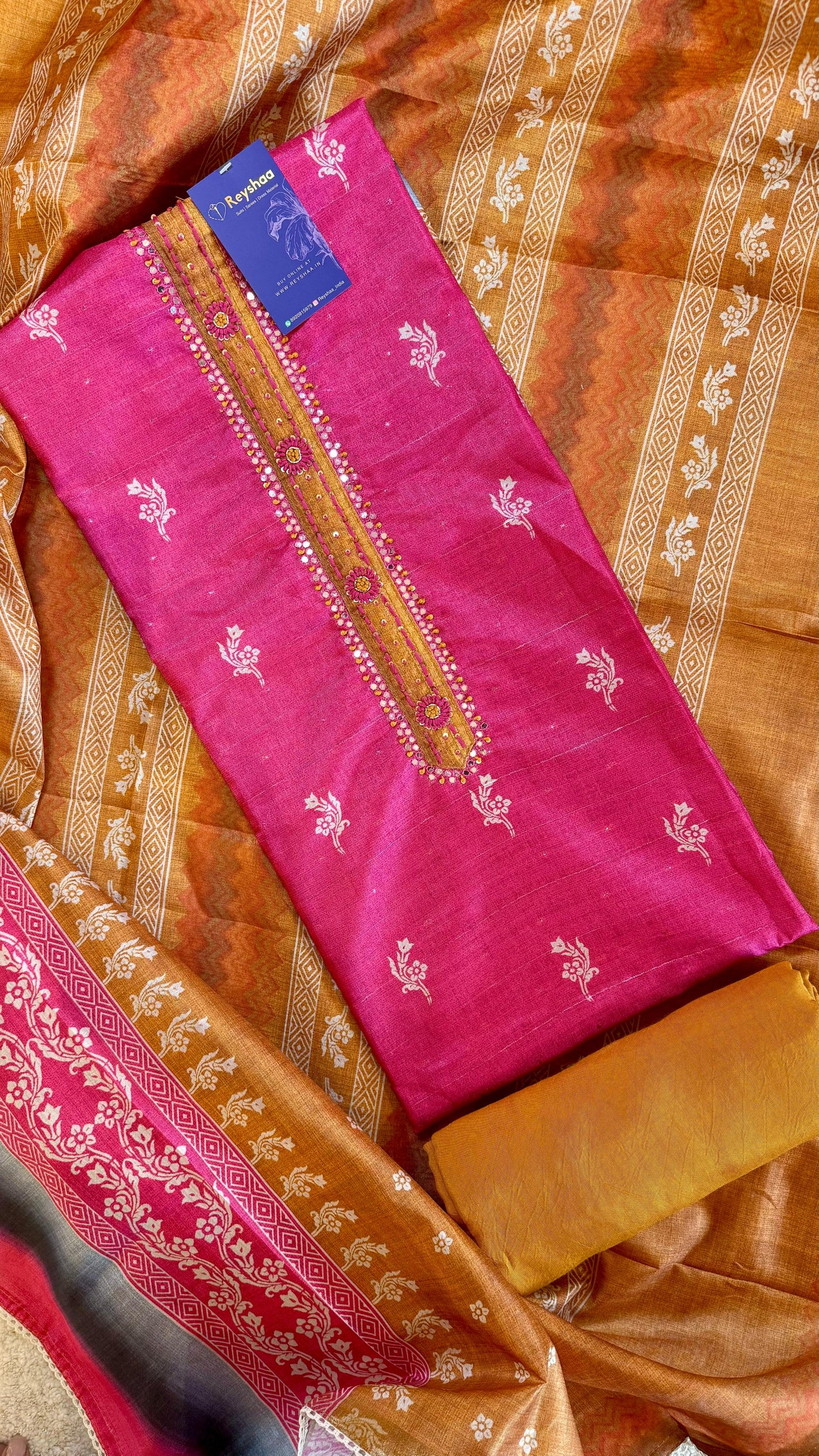 Women Tussar Silk Block Print Bright Tone Suit Dress Material Reyshaa