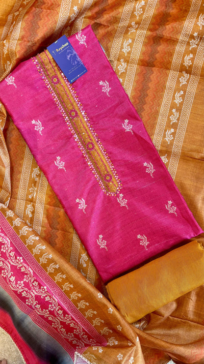 Women Tussar Silk Block Print Bright Tone Suit Dress Material Reyshaa