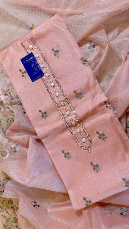 Women Elegant Peach Soft Kota Doria Thread Embroidery Suit Dress Material
