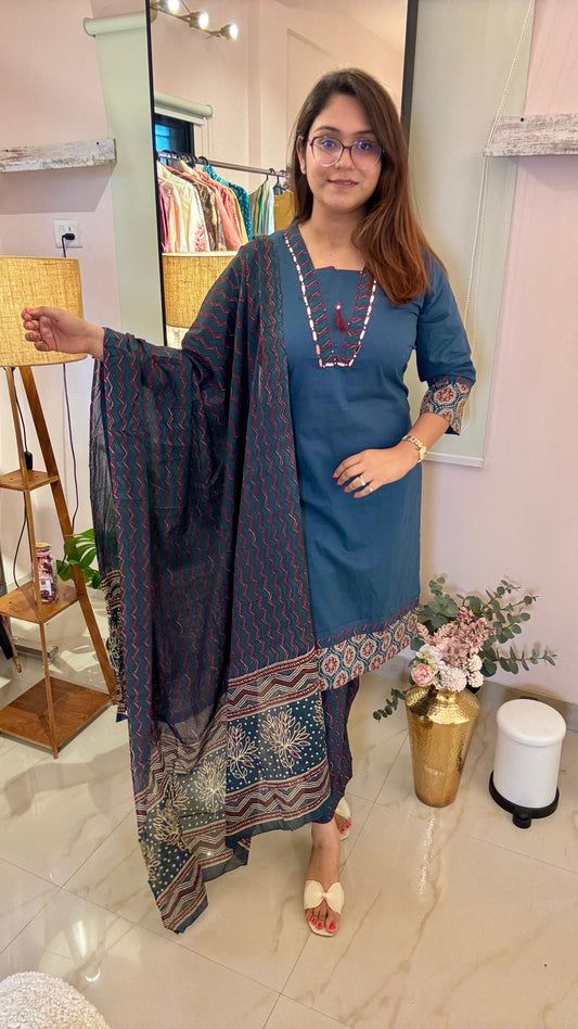 Women Pure Cotton Ajrakh Print With Thread Embroidery Readymade Suit Set