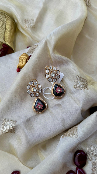 Kundan Stud Earrings with Lotus Meenakari Drop Reyshaa