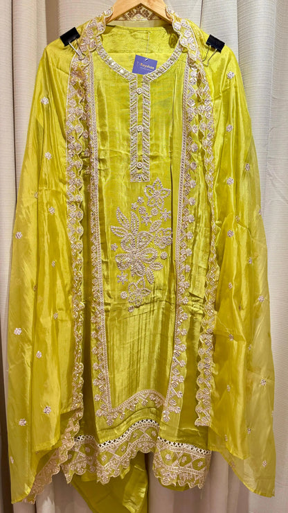 Women Wedding Wear Tissue Shimmer Pearl Embellishing Suit Dress Material Reyshaa