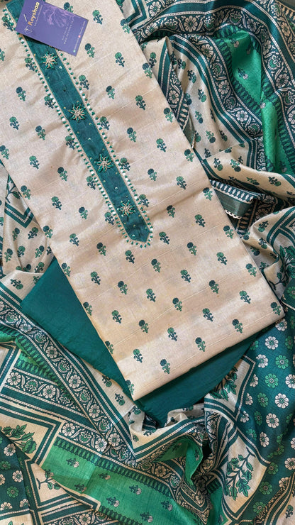 Women Handloom Tussar With Block Printing Silk Suit Dress Material