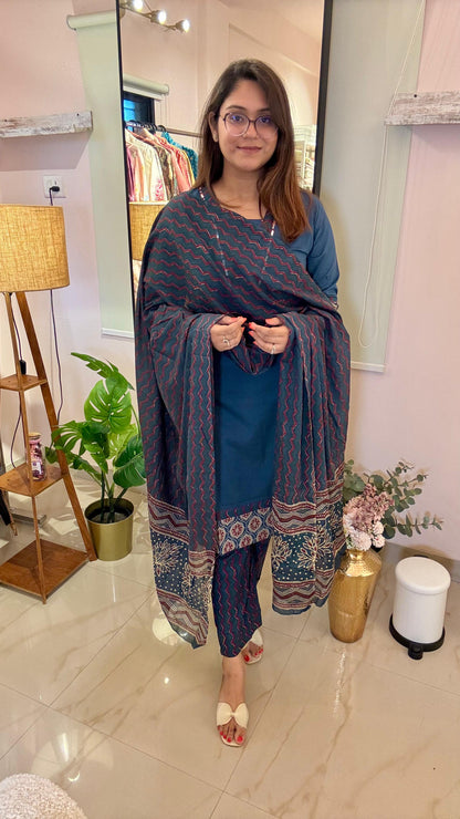 Women Pure Cotton Ajrakh Print With Thread Embroidery Readymade Suit Set