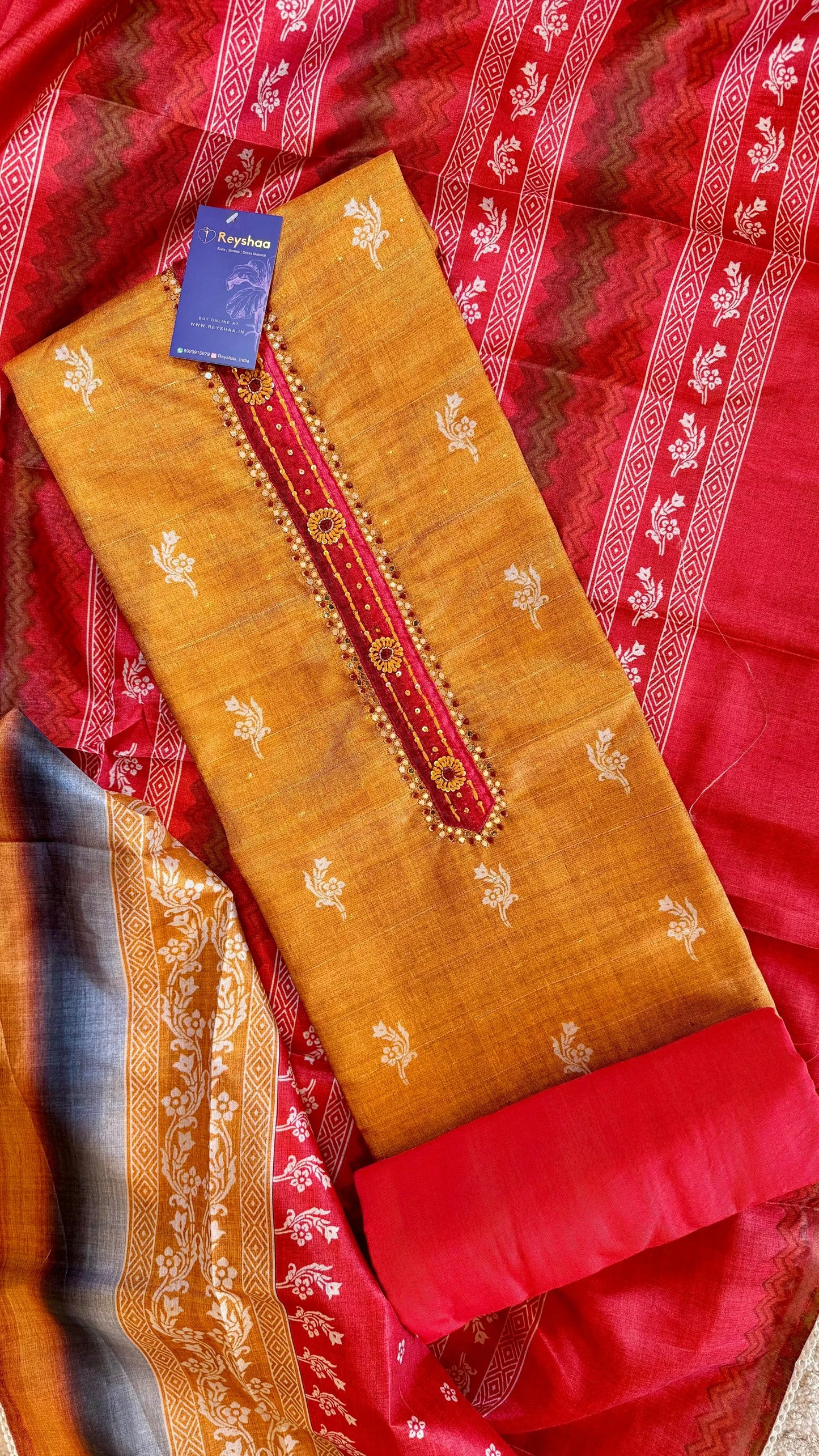 Women Tussar Silk Block Print Bright Tone Suit Dress Material Reyshaa