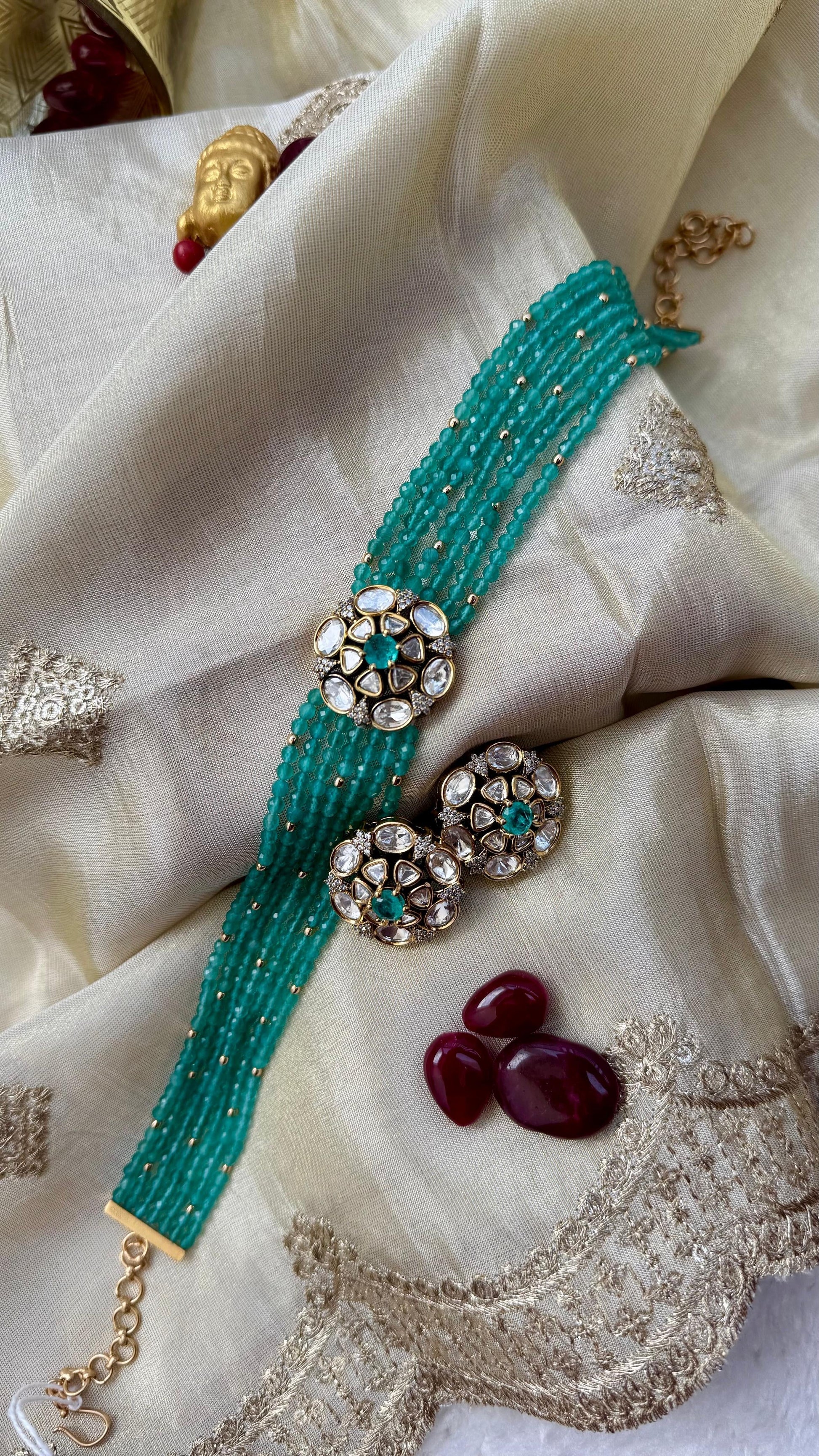 Emerald Green Beaded Kundan Choker Set with Stud Earrings Reyshaa