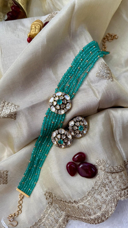 Emerald Green Beaded Kundan Choker Set with Stud Earrings Reyshaa