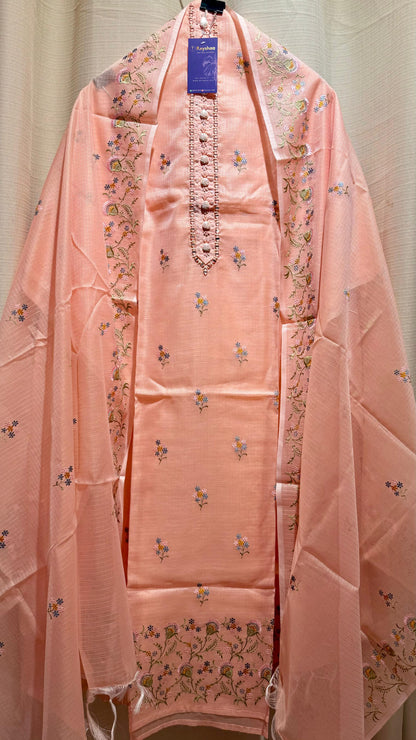 Women Elegant Peach Soft Kota Doria Thread Embroidery Suit Dress Material