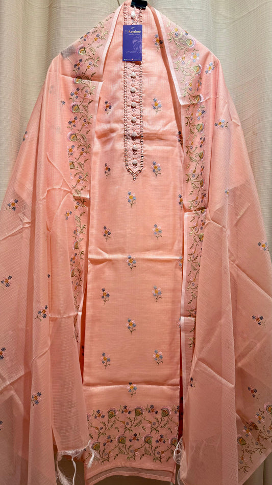 Women Elegant Peach Soft Kota Doria Thread Embroidery Suit Dress Material