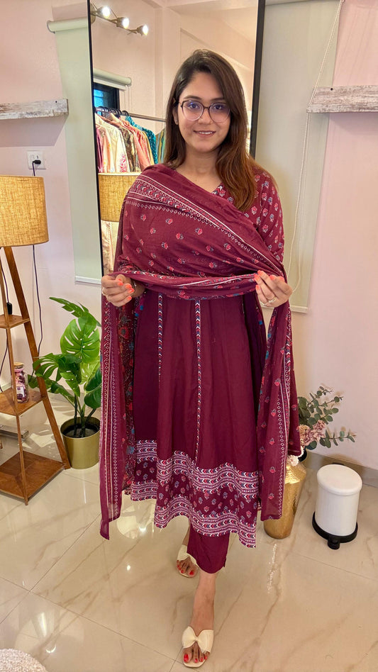 Women Cotton Anarkali Readymade Suit Set
