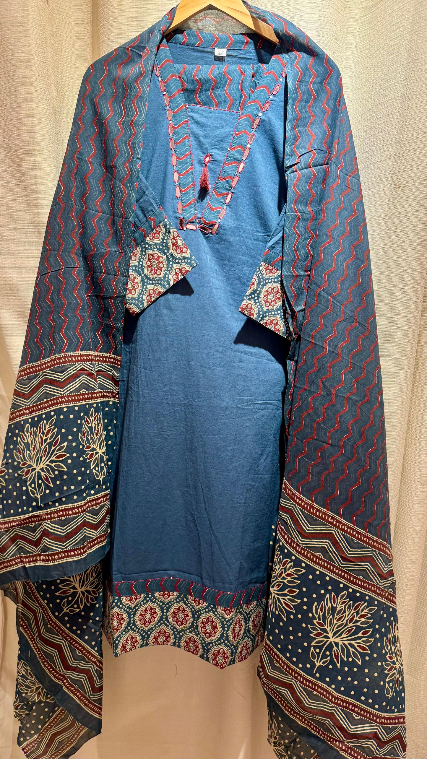 Women Pure Cotton Ajrakh Print With Thread Embroidery Readymade Suit Set