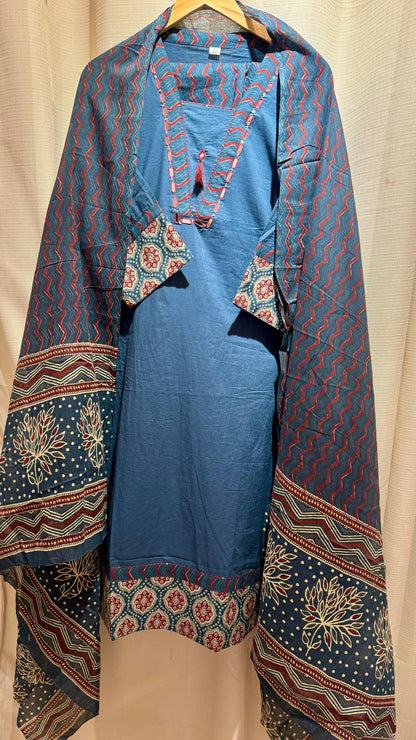 Women Pure Cotton Ajrakh Print With Thread Embroidery Readymade Suit Set