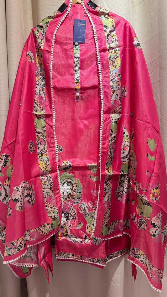 Women Maheshwari Silk Applique Work Suit Dress Material