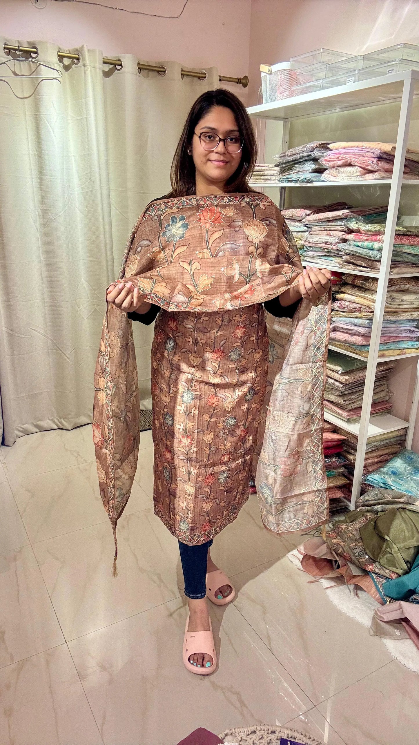 Women Pichwai Printed Kantha Work Chanderi Suit Dress Material Reyshaa