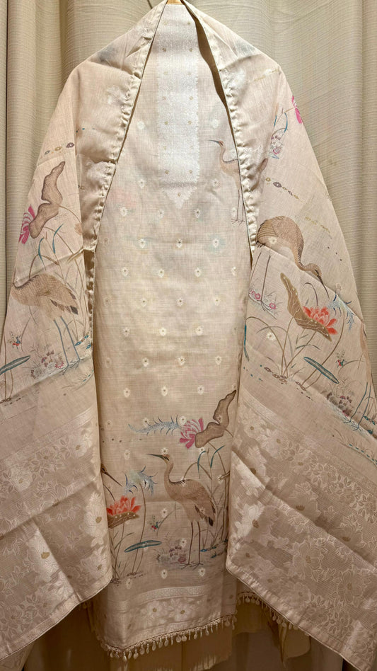 Women Jute Cotton Swan Print Suit Dress Material