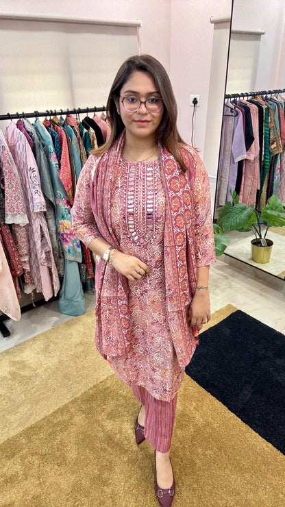 Women Pure Muslin With Real Mirror Work Readymade Suit Set