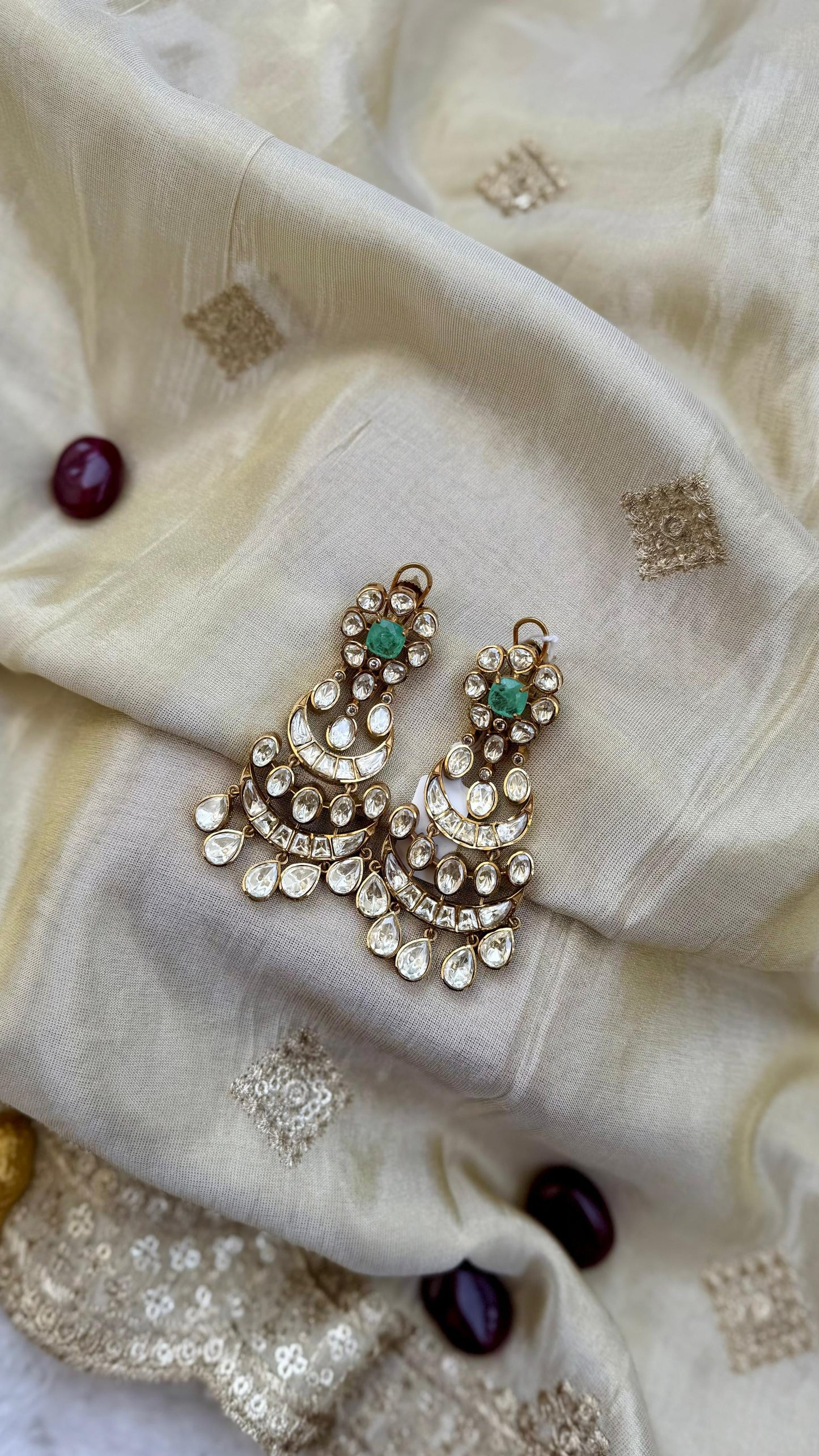 Premium Polki Kundan Chandbali Earrings with Green Stone Accent Reyshaa