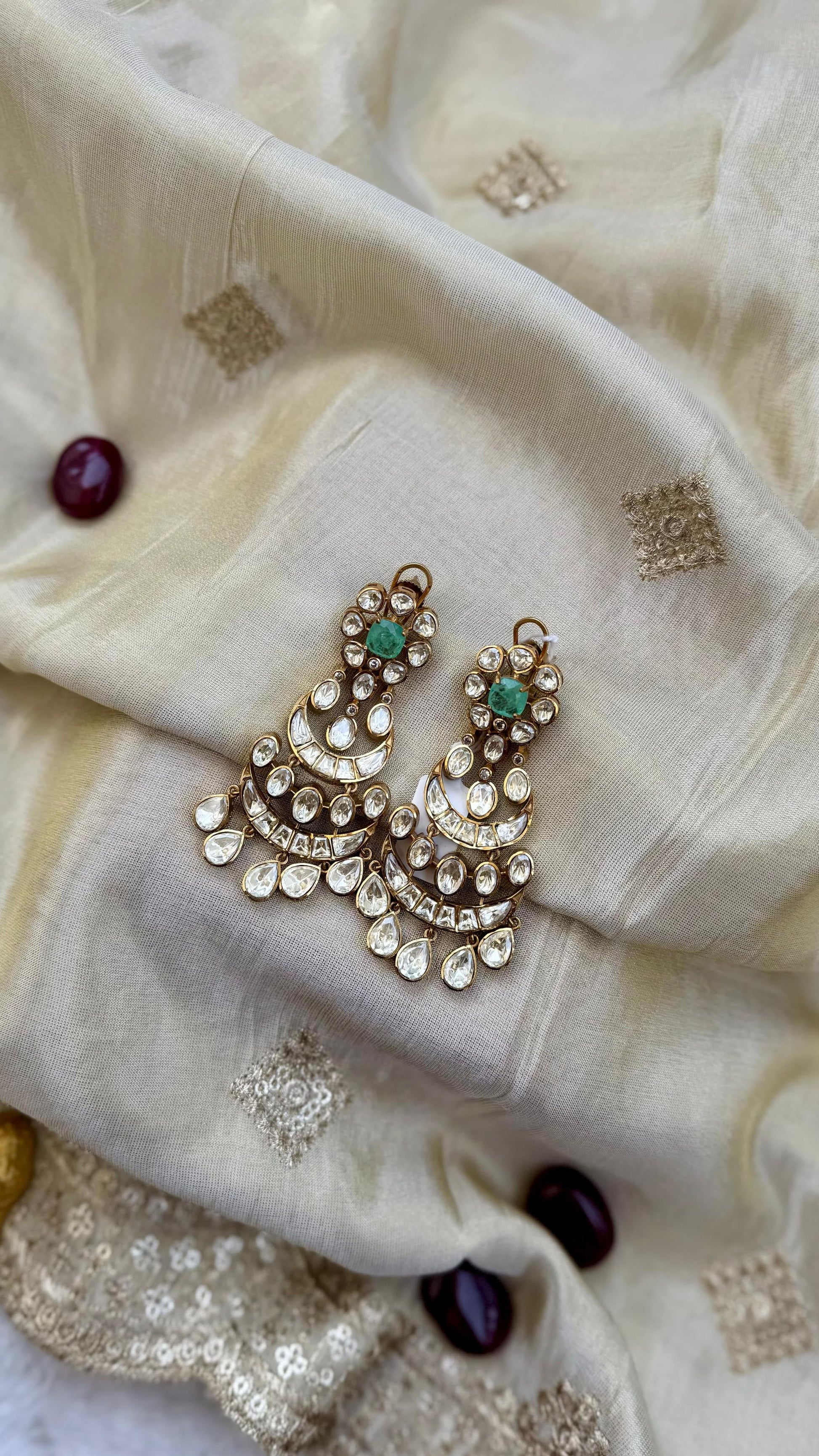 Premium Polki Kundan Chandbali Earrings with Green Stone Accent Reyshaa