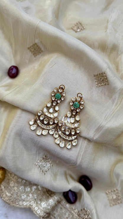 Premium Polki Kundan Chandbali Earrings with Green Stone Accent Reyshaa