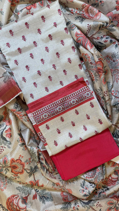 Women Handloom Tussar With Block Printing Silk Suit Dress Material