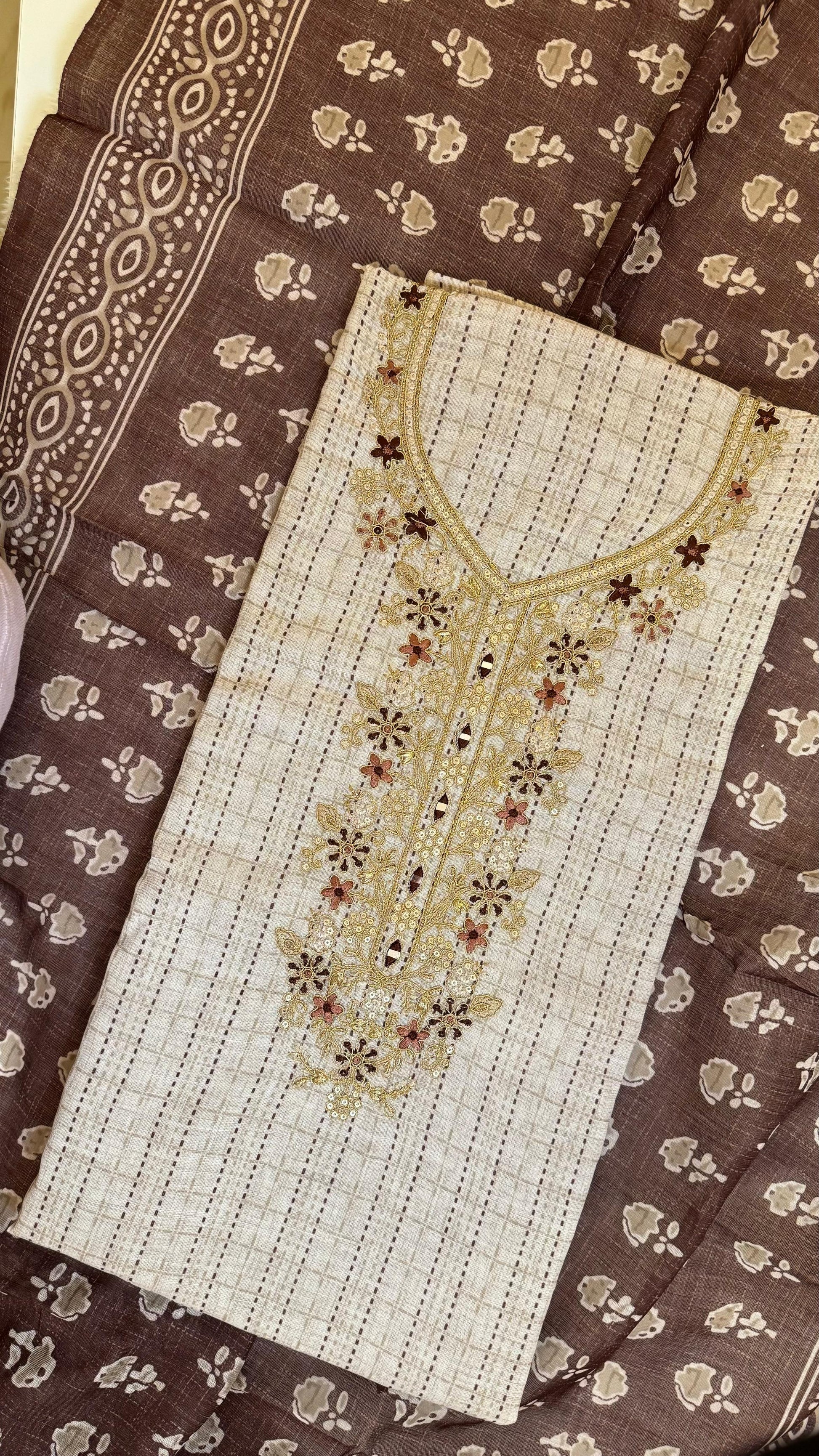 Women Linen Kantha Embroidered Suit Dress Material