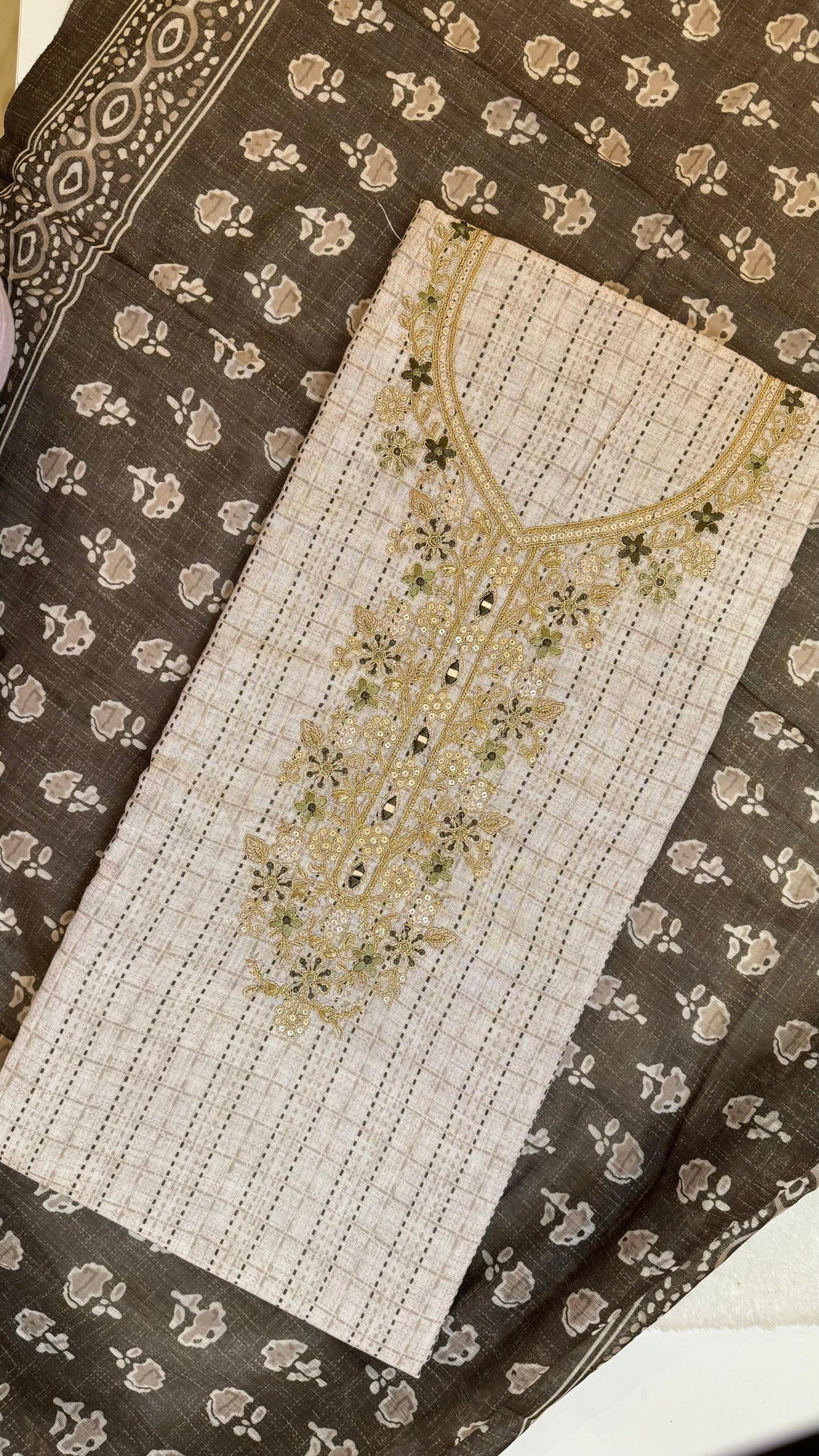 Women Linen Kantha Embroidered Suit Dress Material