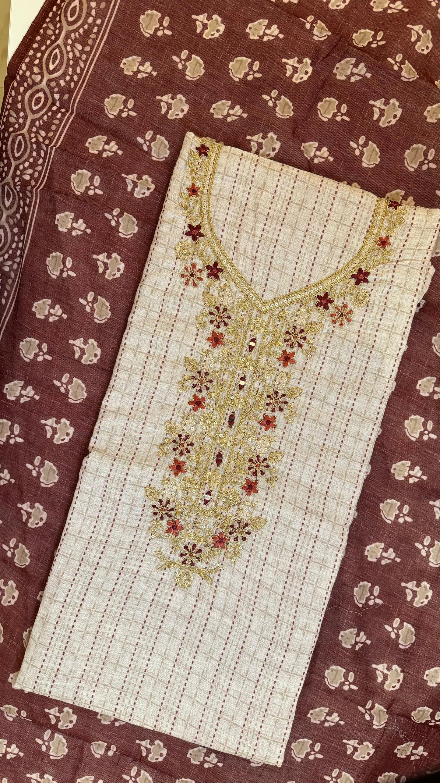 Women Linen Kantha Embroidered Suit Dress Material