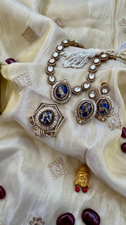 Royal Blue Kundan Necklace Set with Earrings Wedding & Festive Jewelry Reyshaa