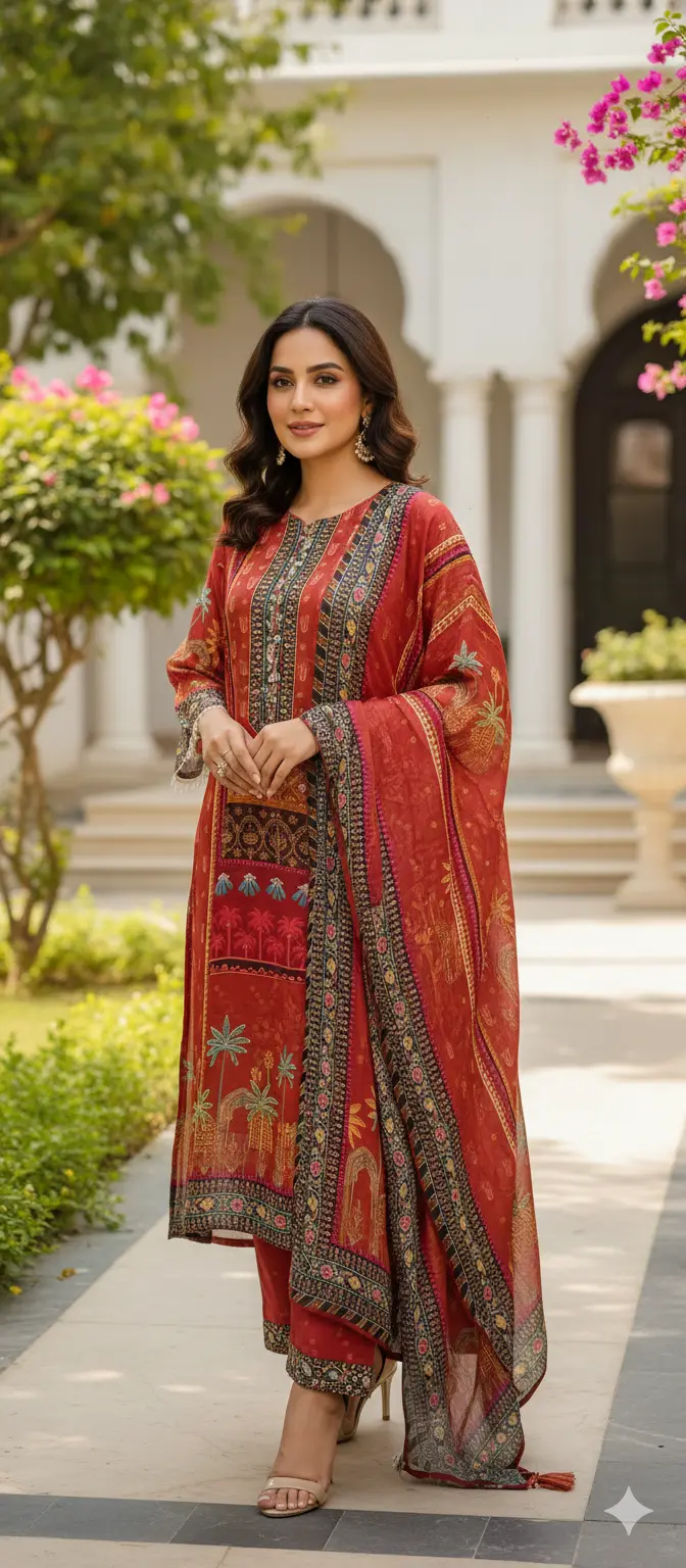 Pure Crepe Ethnic Print Suit Set with All-Over Cut-Dana Embroidery & Tassel Sleeves Reyshaa