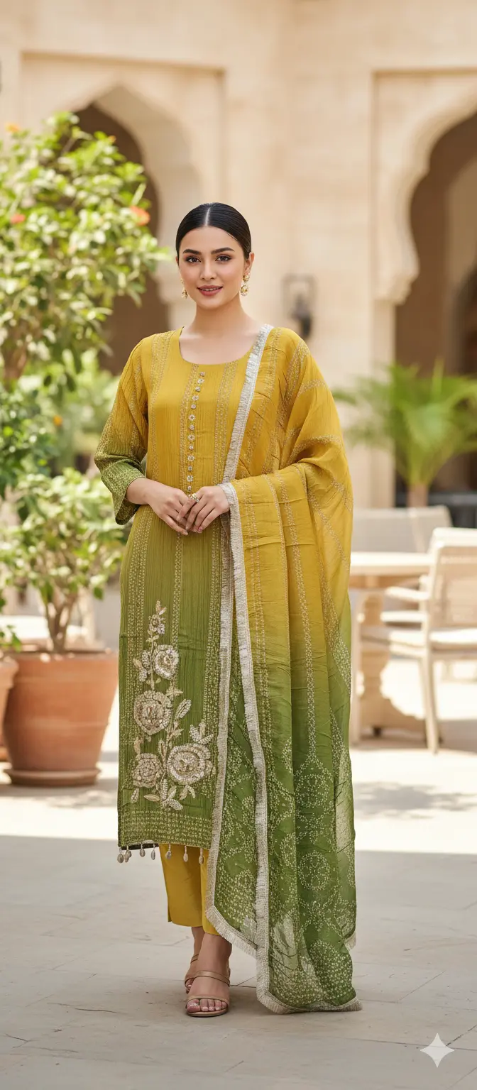 Ombre Bandhani Suit Set with Aari & Moti Embellished Kurta and Fringed Lace Dupatta Reyshaa